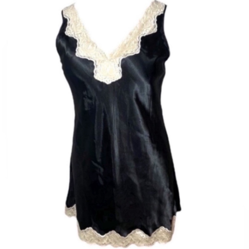 Vintage Inner Most Slip Dress Mini Black Cream Satin Lace V-Neck Dance Party  L - Picture 5 of 17